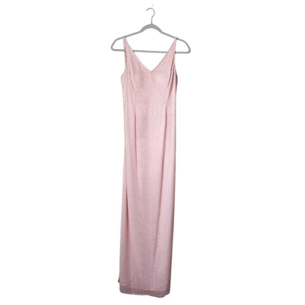 COLORWAYS VINTAGE Y2K Chevron Beaded‎ silk gown in blush pink soft girl Prom L